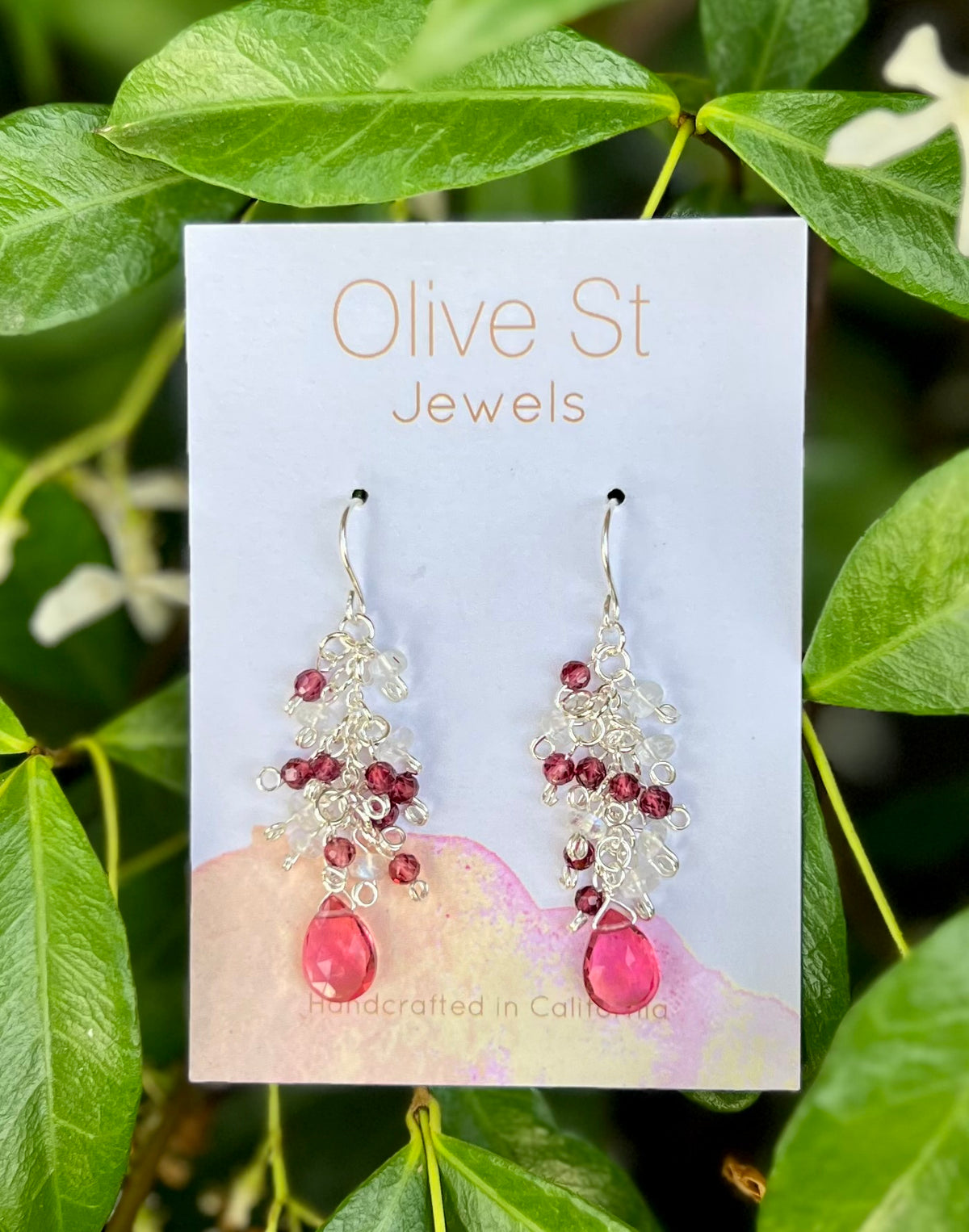 Pink Quartz | Garnet | Moonstone Drop Earrings